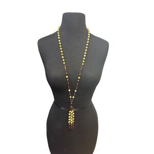 Tan Brown and Copper Beaded Tassel Necklace 36 in 5 in Tassel